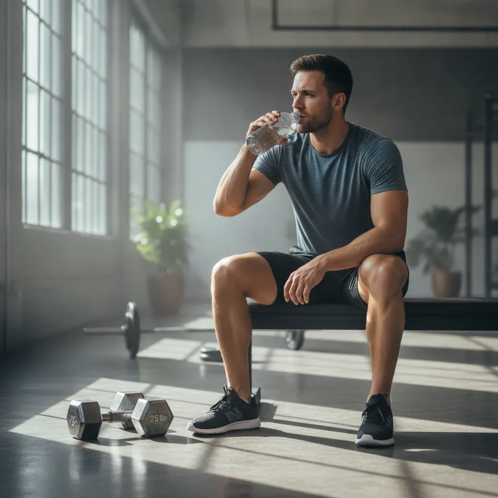 Athlète au repos entre deux séries de musculation