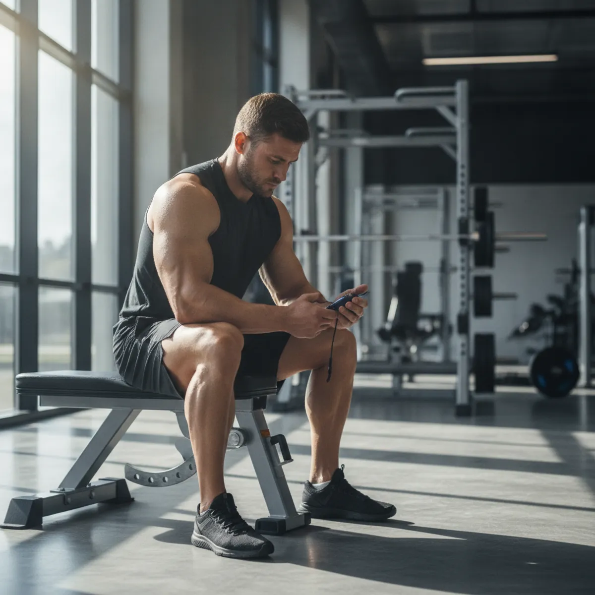 Pratiquant de musculation consultant son chronomètre pour gérer son temps de repos entre les séries
